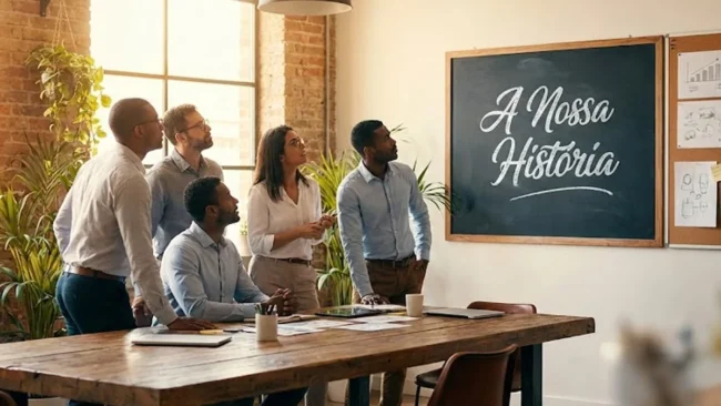 estrategia-storytelling-marca-humanizada Empresário em uma mesa de reunião desenhando uma narrativa de marca em um quadro branco, foco em estratégia e conexão.