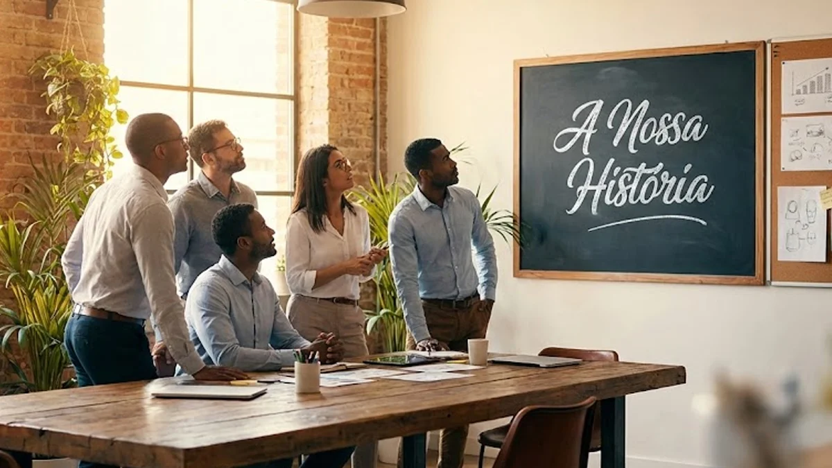 estrategia-storytelling-marca-humanizada Empresário em uma mesa de reunião desenhando uma narrativa de marca em um quadro branco, foco em estratégia e conexão.