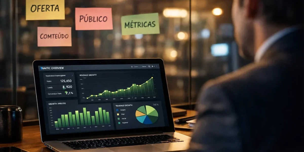 Um profissional analisando gráficos de desempenho em dois monitores, com foco em métricas de ROI e crescimento.