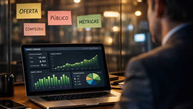 Um profissional analisando gráficos de desempenho em dois monitores, com foco em métricas de ROI e crescimento.