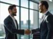 Um empresário sorridente apertando a mão de um cliente em um escritório moderno, transmitindo confiança e parceria.