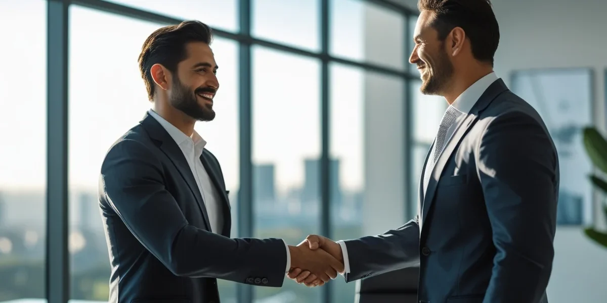 estrategias-fidelizacao-clientes-marketing Um empresário sorridente apertando a mão de um cliente em um escritório moderno, transmitindo confiança e parceria.