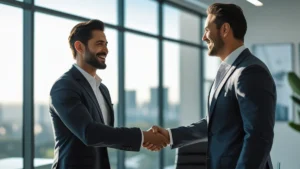 Um empresário sorridente apertando a mão de um cliente em um escritório moderno, transmitindo confiança e parceria.