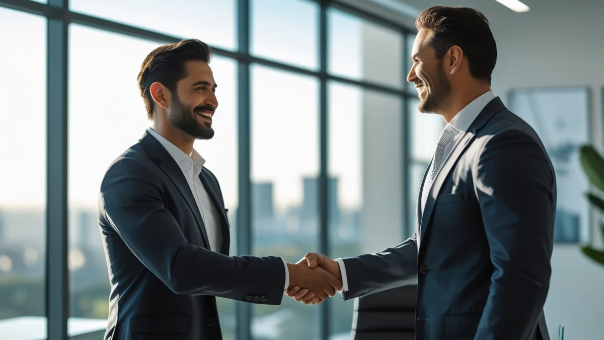 estrategias-fidelizacao-clientes-marketing Um empresário sorridente apertando a mão de um cliente em um escritório moderno, transmitindo confiança e parceria.