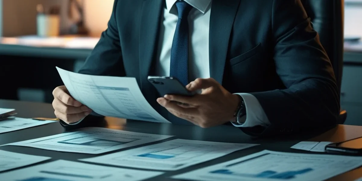 estrategias-marcas-sucesso-tiktok Empresário analisando métricas de vídeo em um smartphone com elementos gráficos do TikTok ao fundo em um escritório.