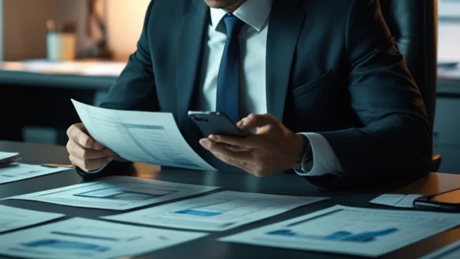 Empresário analisando métricas de vídeo em um smartphone com elementos gráficos do TikTok ao fundo em um escritório.