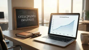 Gráfico realista sobre uma mesa de escritório mostrando uma curva ascendente de tráfego orgânico ao longo dos meses.
