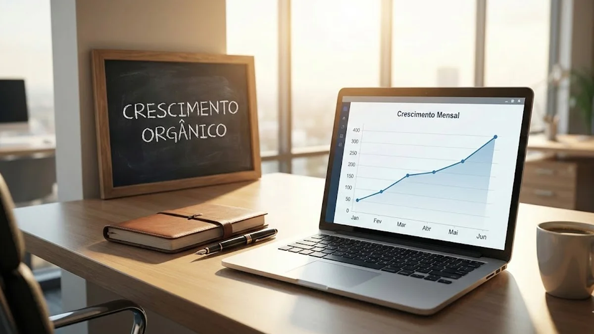 grafico-crescimento-tempo-resultados-seo Gráfico realista sobre uma mesa de escritório mostrando uma curva ascendente de tráfego orgânico ao longo dos meses.