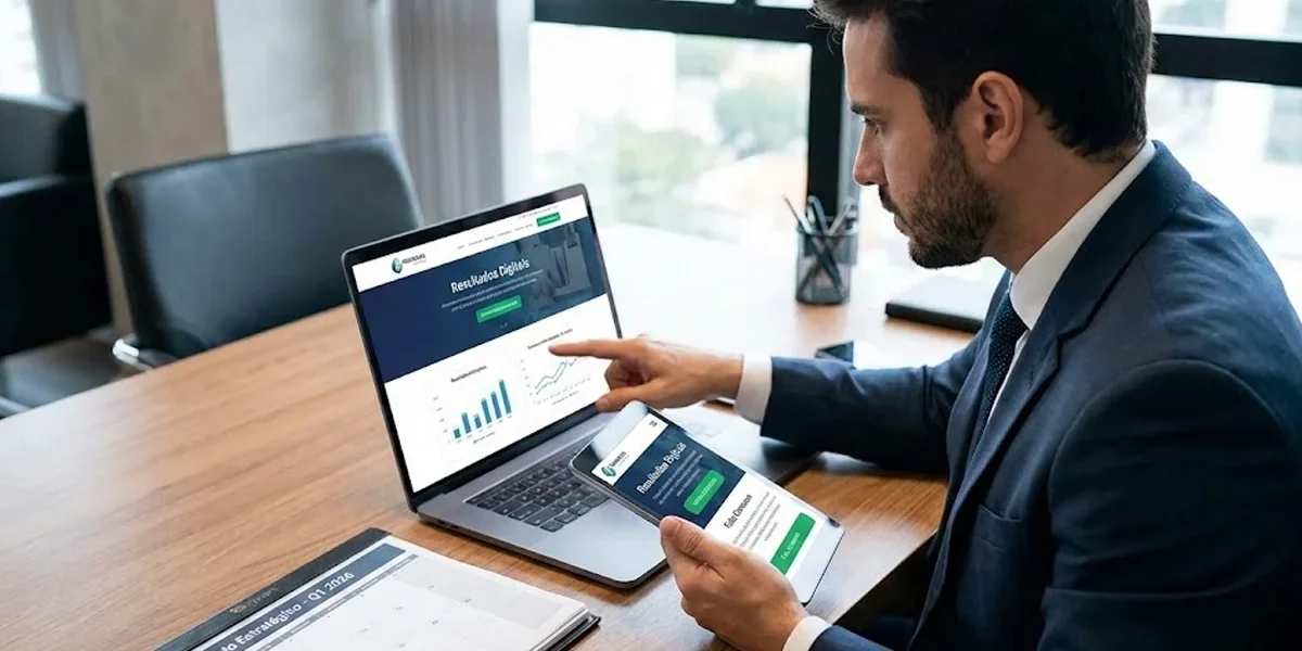 importancia-site-institucional-pequenas-empresas Empresário em seu escritório analisando o site institucional de sua empresa em um notebook e tablet, visual profissional.