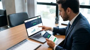 Empresário em seu escritório analisando o site institucional de sua empresa em um notebook e tablet, visual profissional.