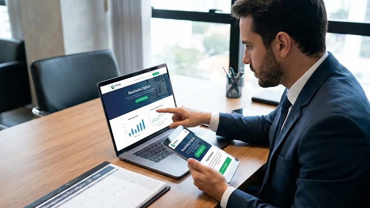 importancia-site-institucional-pequenas-empresas Empresário em seu escritório analisando o site institucional de sua empresa em um notebook e tablet, visual profissional.