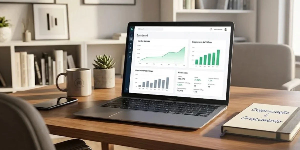 Empresário em um escritório moderno analisando um painel digital organizado, simbolizando clareza e controle nos negócios.