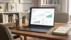 Empresário em um escritório moderno analisando um painel digital organizado, simbolizando clareza e controle nos negócios.