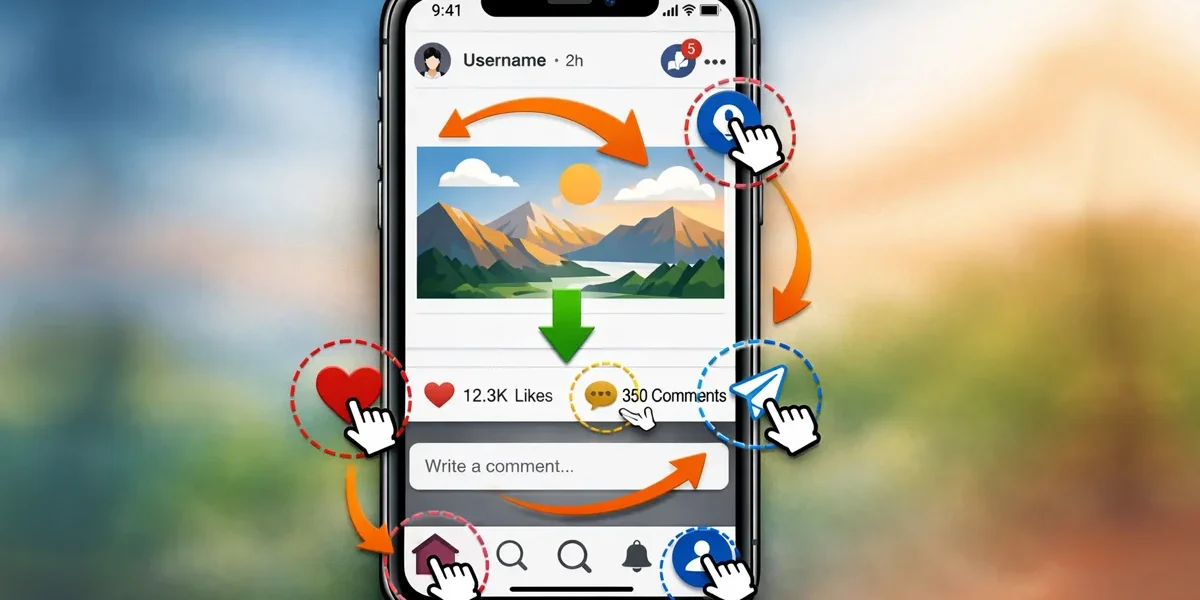 Smartphone exibindo um post de rede social com design limpo e setas indicando fluxo visual e áreas de clique.