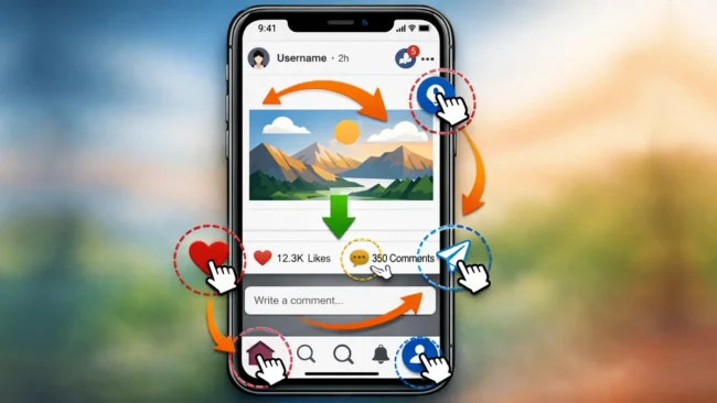 Smartphone exibindo um post de rede social com design limpo e setas indicando fluxo visual e áreas de clique.