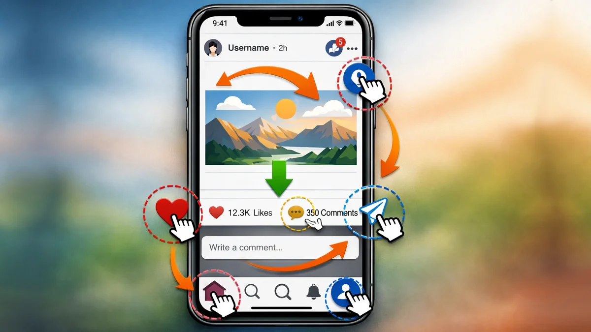 Smartphone exibindo um post de rede social com design limpo e setas indicando fluxo visual e áreas de clique.