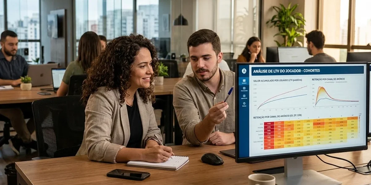analise-dados-ltv-marketing-digital Uma mulher profissional aponta para uma tela mostrando gráficos de retenção e LTV em um escritório moderno, colaborando com colegas.