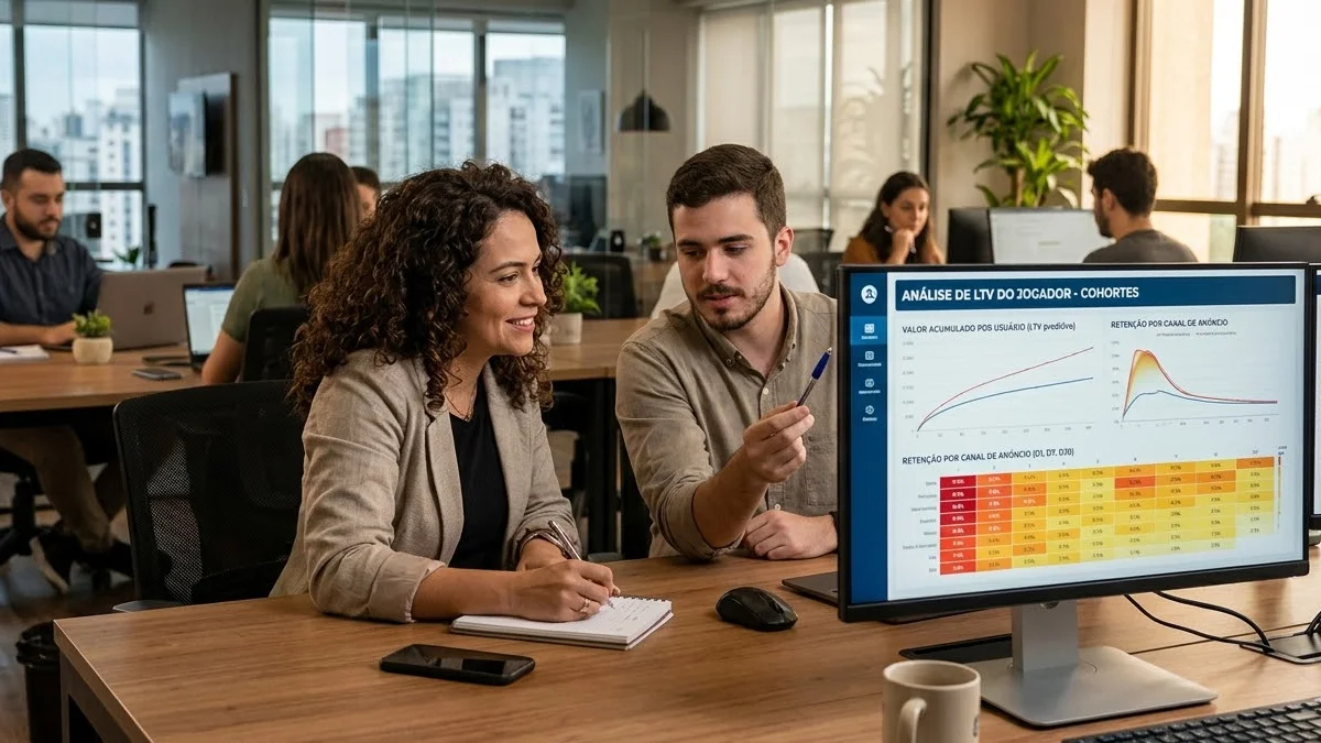 Uma mulher profissional aponta para uma tela mostrando gráficos de retenção e LTV em um escritório moderno, colaborando com colegas.