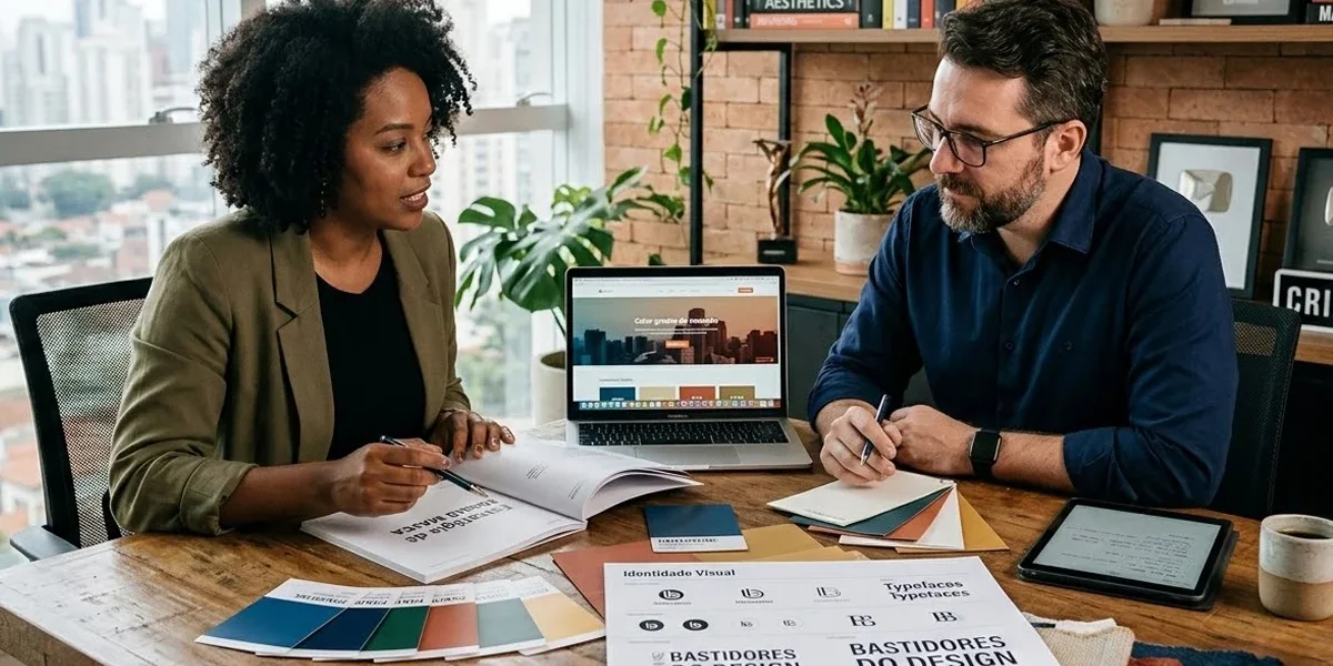 Designer e empresário analisando paleta de cores e estratégia de marca em um ambiente de escritório moderno e profissional.