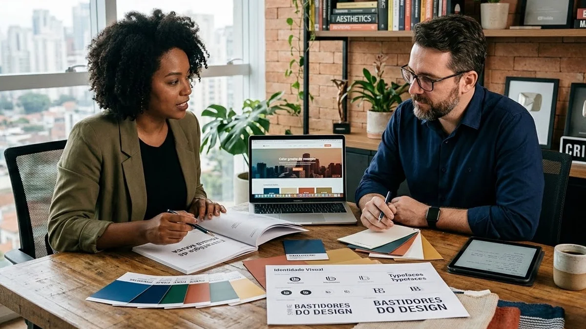 Designer e empresário analisando paleta de cores e estratégia de marca em um ambiente de escritório moderno e profissional.