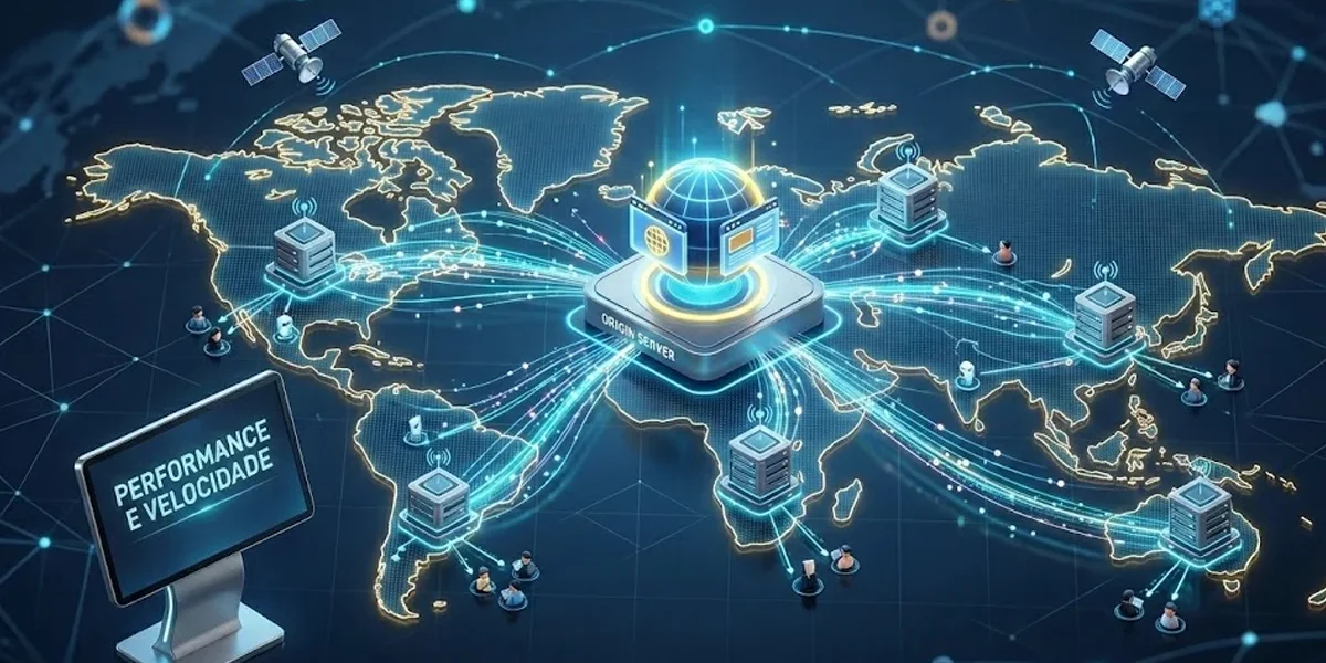 beneficios-cdn-marketing-digital-performance Ilustração profissional mostrando uma rede global de servidores conectando um site a usuários em diferentes locais.