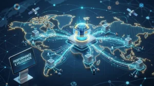 Ilustração profissional mostrando uma rede global de servidores conectando um site a usuários em diferentes locais.