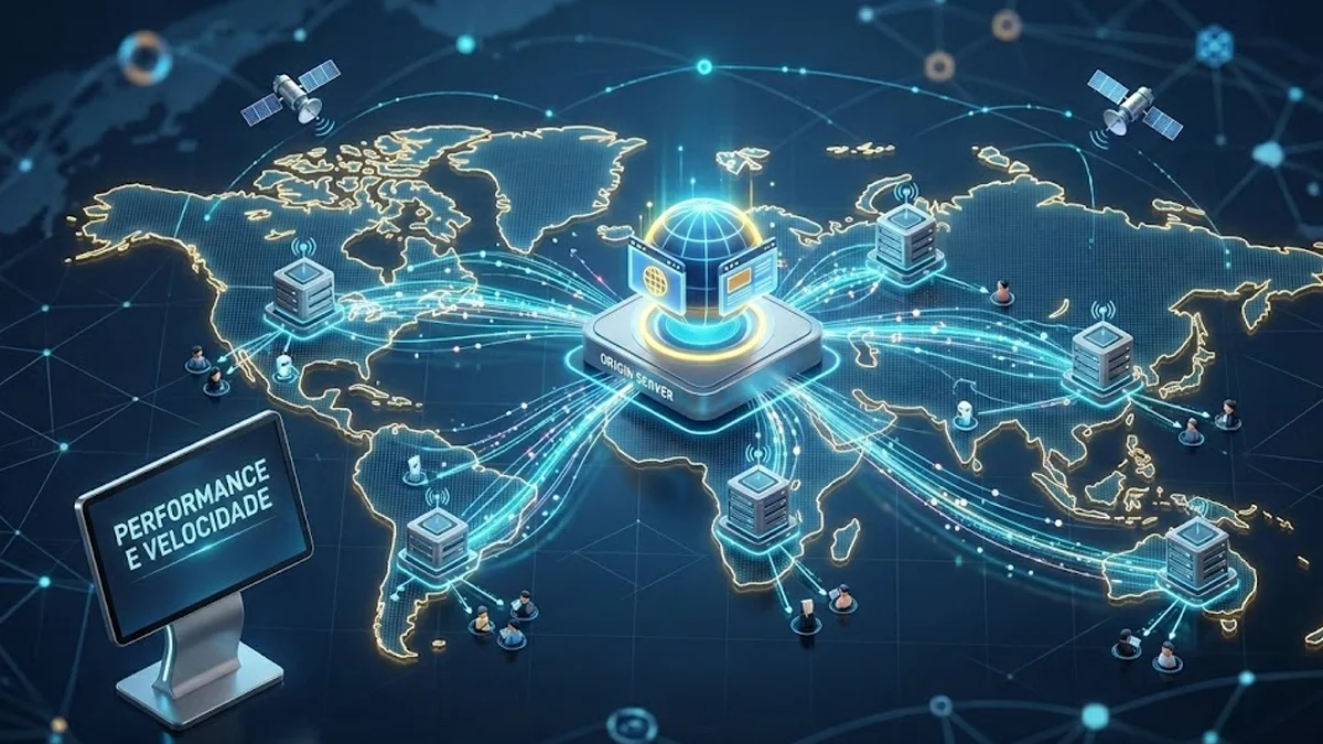 Ilustração profissional mostrando uma rede global de servidores conectando um site a usuários em diferentes locais.