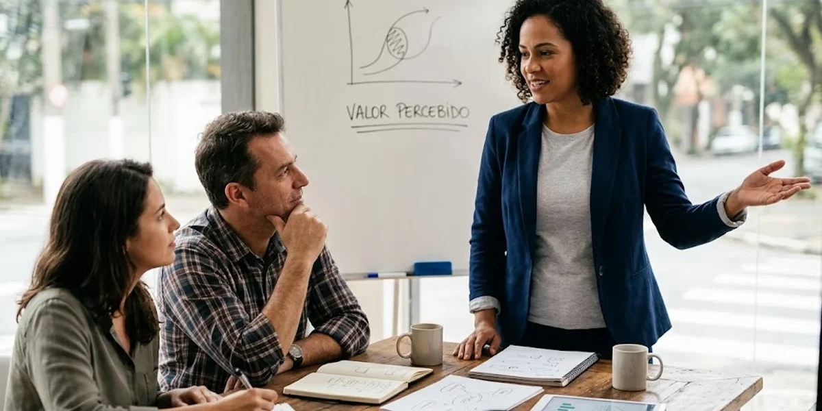 consultoria-marketing-valor-percebido Uma profissional de marketing brasileira apresentando um gráfico sobre valor percebido para empresários em um escritório moderno.