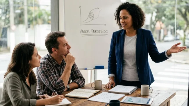 Uma profissional de marketing brasileira apresentando um gráfico sobre valor percebido para empresários em um escritório moderno.