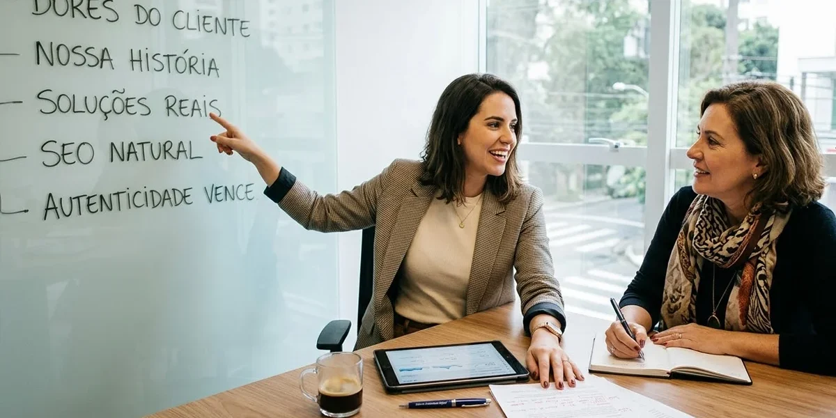 conteudo-autentico-estrategia-marketing Uma estrategista de marketing e uma empresária discutindo estratégias de conteúdo autêntico em um quadro de escritório.