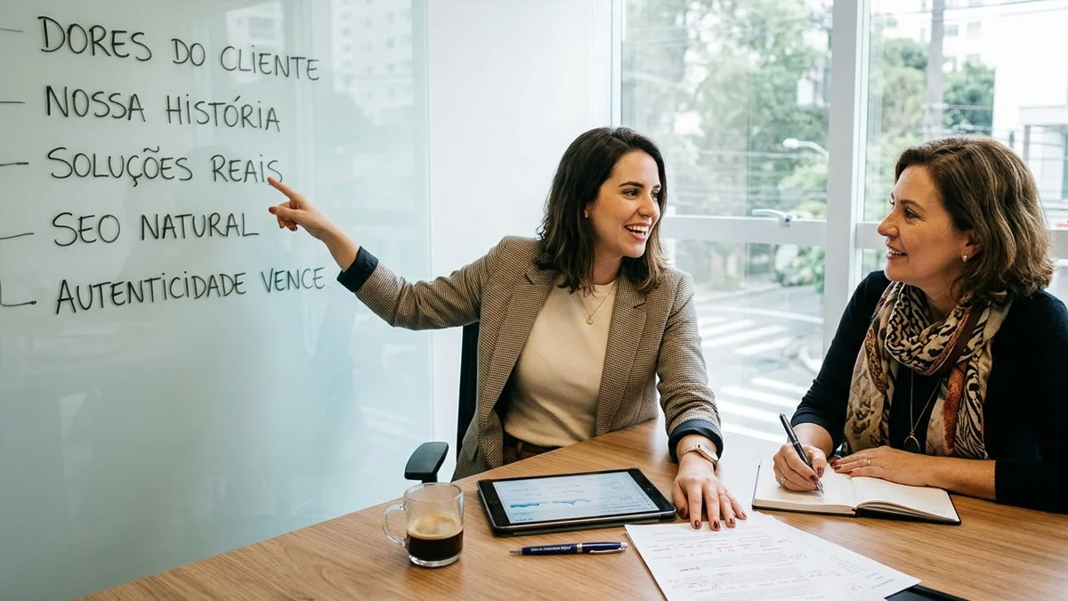 Uma estrategista de marketing e uma empresária discutindo estratégias de conteúdo autêntico em um quadro de escritório.