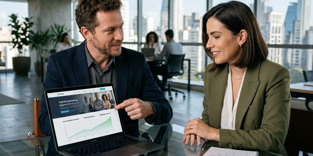 Designer apresenta projeto de site otimizado em um laptop para uma empresária em um escritório moderno e profissional.