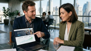 Designer apresenta projeto de site otimizado em um laptop para uma empresária em um escritório moderno e profissional.