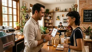 Comerciante sorridente mostra smartphone para cliente em loja moderna, simbolizando o atendimento e a presença digital.