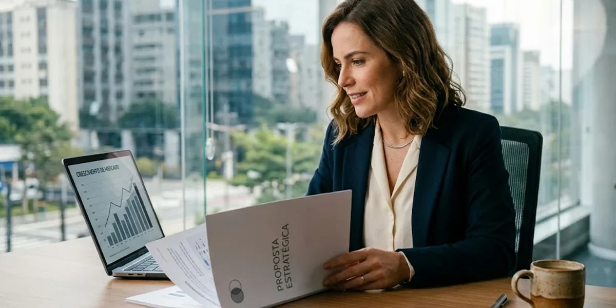 Empresário sorrindo enquanto lê uma proposta estratégica de design em um notebook, em um escritório moderno.