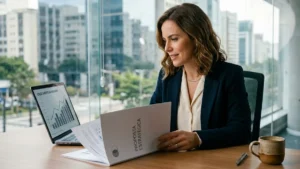 Empresário sorrindo enquanto lê uma proposta estratégica de design em um notebook, em um escritório moderno.