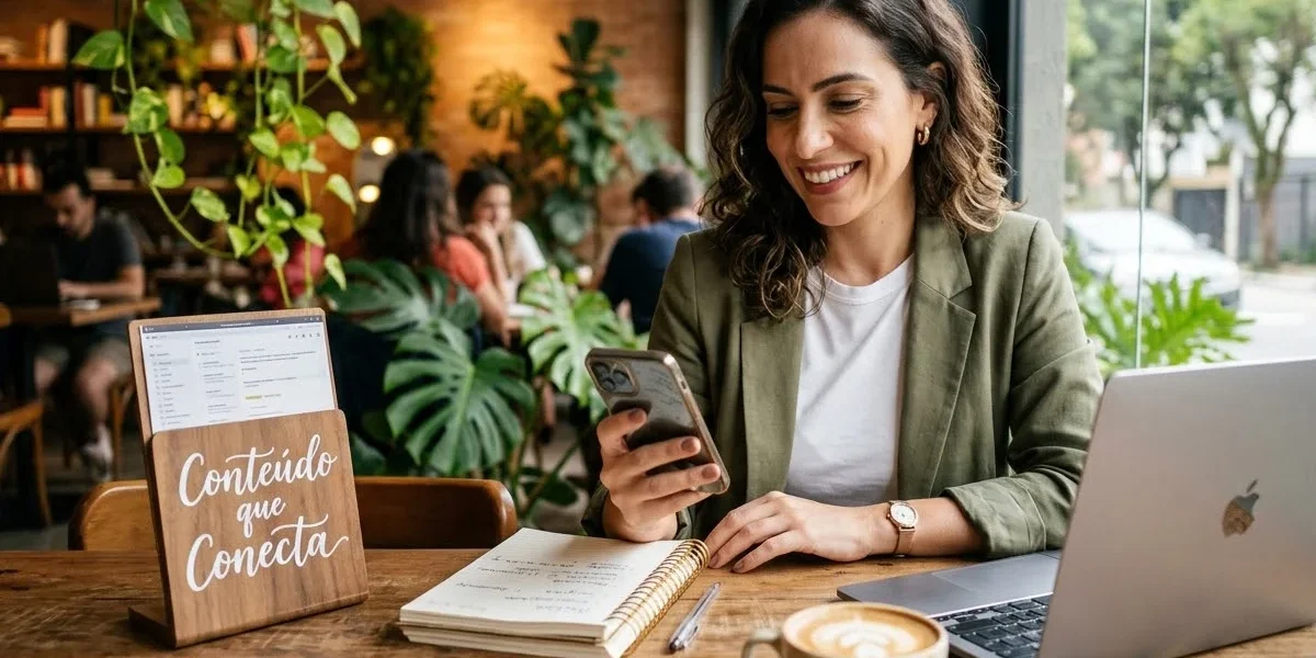 Uma empreendedora sorridente, consultando um notebook e um tablet em um café, transmitindo profissionalismo e naturalidade ao gerenciar seu negócio.