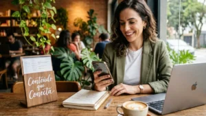 Uma empreendedora sorridente, consultando um notebook e um tablet em um café, transmitindo profissionalismo e naturalidade ao gerenciar seu negócio.