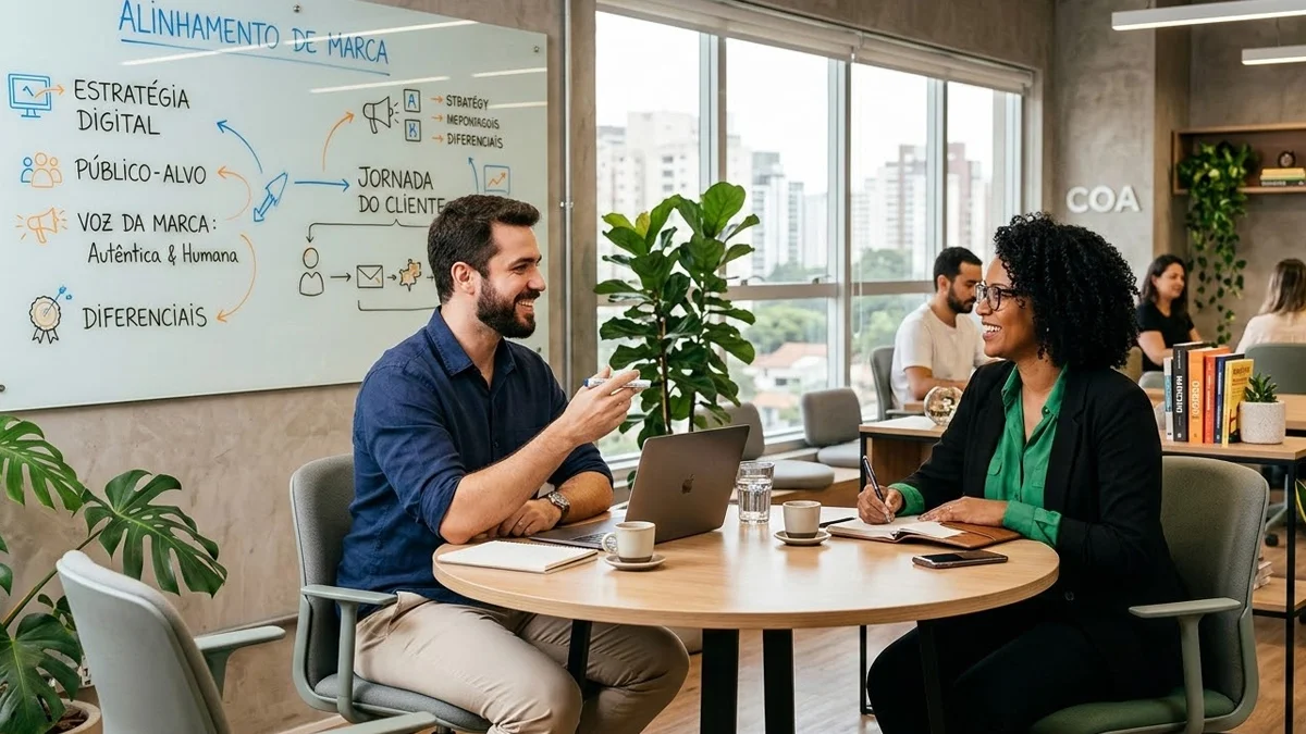 Consultor de marketing em reunião com cliente alinhando estratégia de marca em um escritório moderno e humanizado.