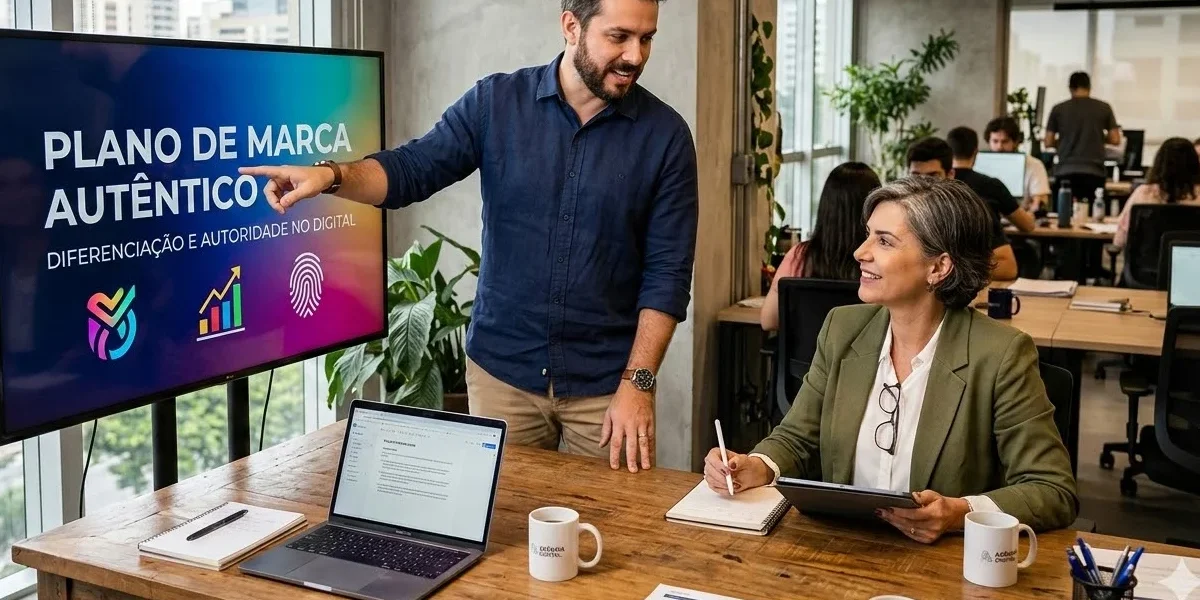 Um estrategista de marketing apresentando um plano de marca personalizado e vibrante para um cliente em um escritório moderno.