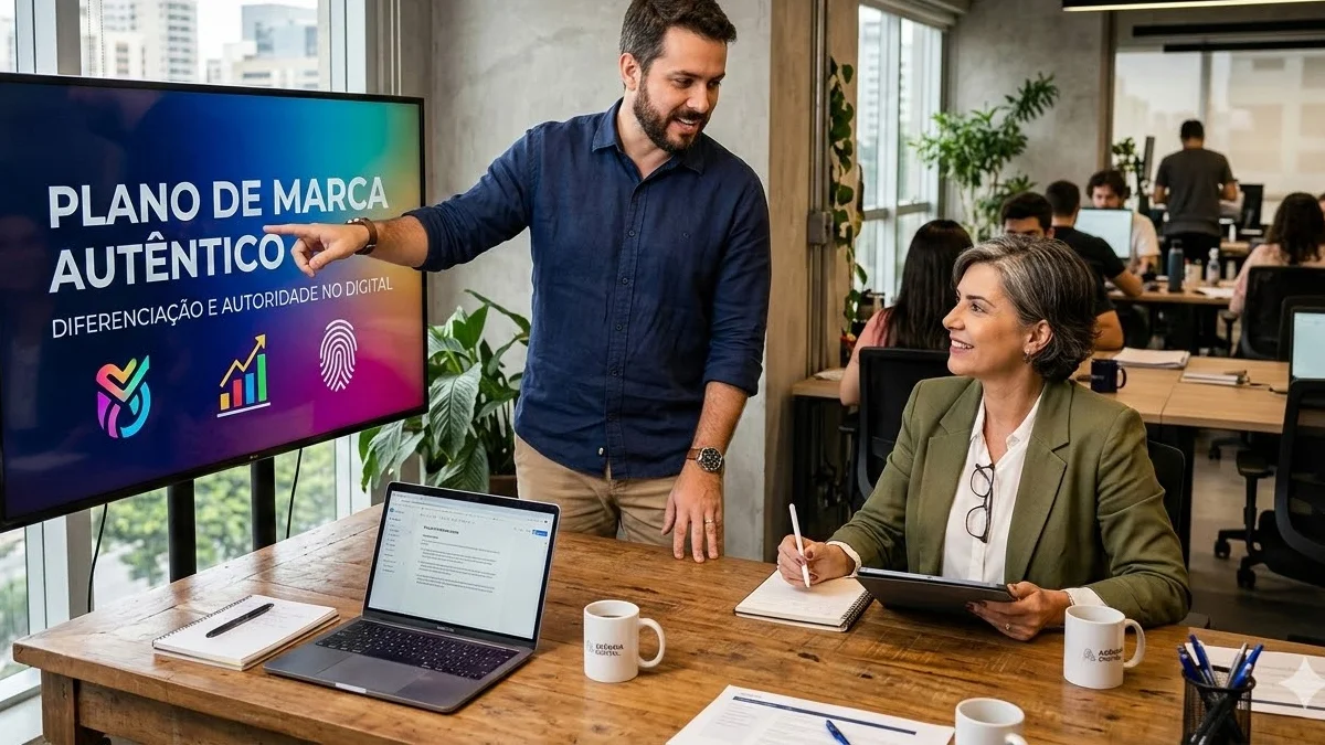 Um estrategista de marketing apresentando um plano de marca personalizado e vibrante para um cliente em um escritório moderno.