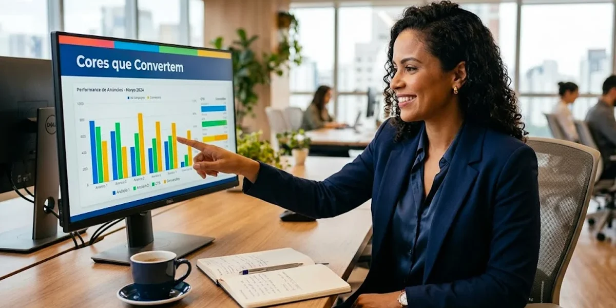 Profissional de marketing analisando paleta de cores vibrantes em um tablet para criar anúncios de alta conversão.