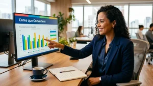 Profissional de marketing analisando paleta de cores vibrantes em um tablet para criar anúncios de alta conversão.