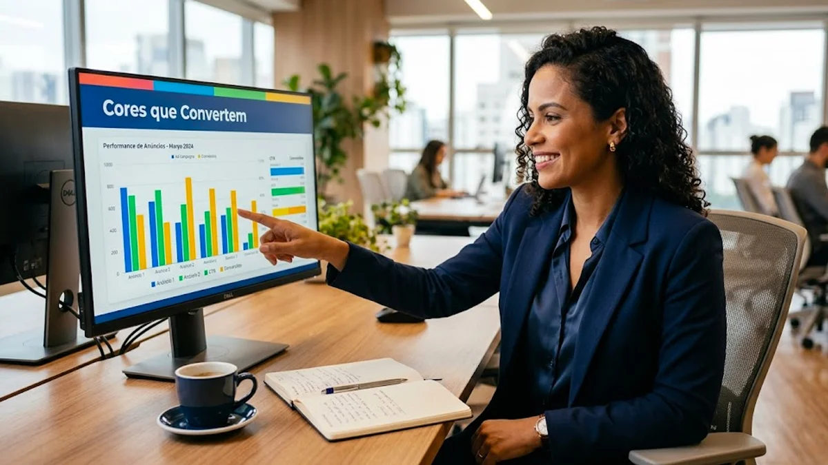 Profissional de marketing analisando paleta de cores vibrantes em um tablet para criar anúncios de alta conversão.