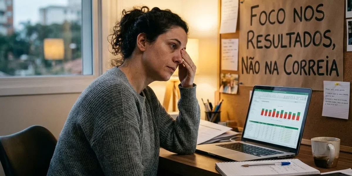 Uma mulher cansada rubrica a têmpora em frente ao notebook, refletindo sobre resultados do marketing digital, com um quadro ao fundo que diz 'Foco nos Resultados, Não na Correia'.