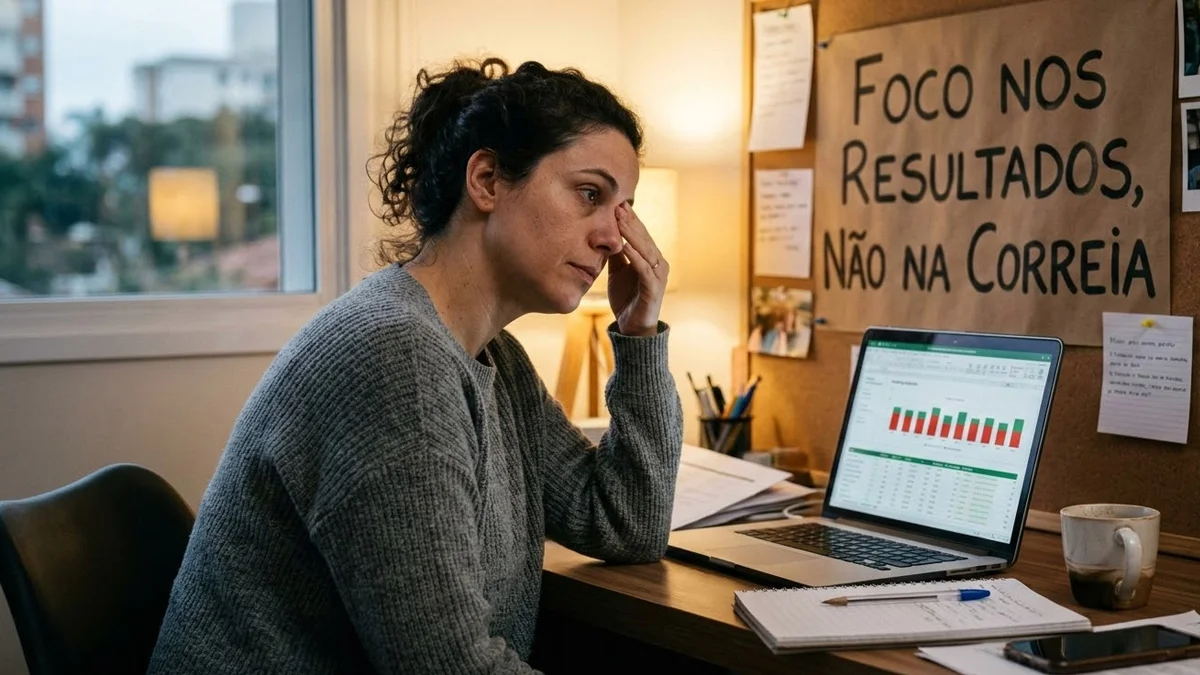 Uma mulher cansada rubrica a têmpora em frente ao notebook, refletindo sobre resultados do marketing digital, com um quadro ao fundo que diz 'Foco nos Resultados, Não na Correia'.