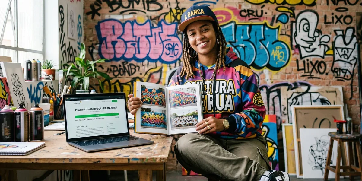 preservacao-graffiti-crowdfunding-livro-arte Mulher em estúdio mostrando livro aberto sobre graffiti brasileiro e notebook com campanha de crowdfunding financiada.