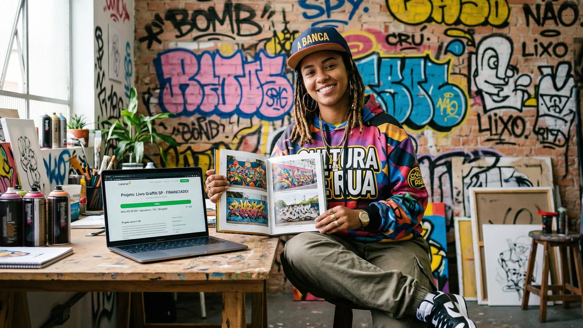 Mulher em estúdio mostrando livro aberto sobre graffiti brasileiro e notebook com campanha de crowdfunding financiada.
