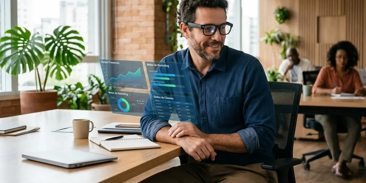 Profissional em um escritório moderno utiliza smartglasses para visualizar gráficos e dados flutuantes em realidade aumentada.