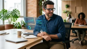 Profissional em um escritório moderno utiliza smartglasses para visualizar gráficos e dados flutuantes em realidade aumentada.